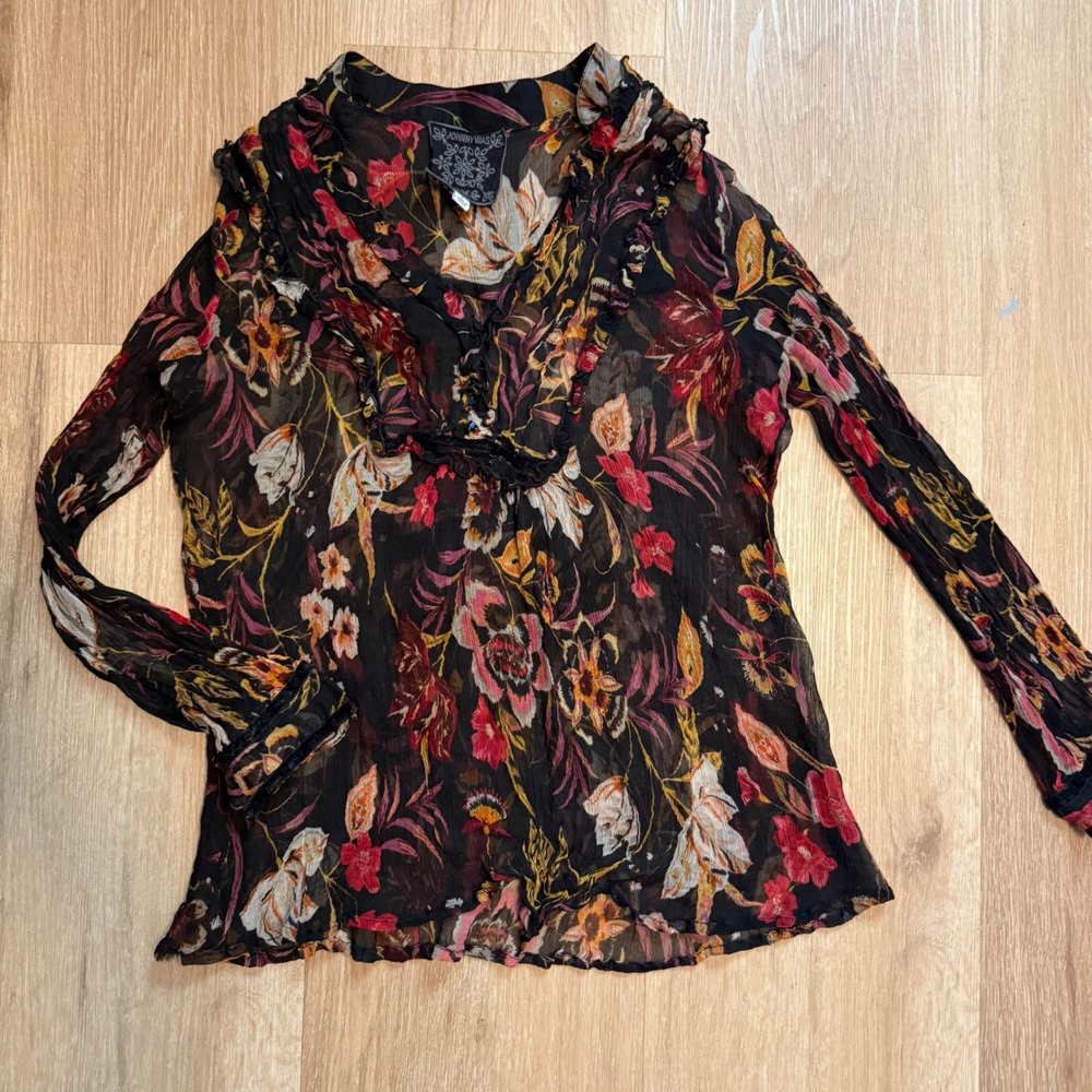 Johnny Was Jade Silk Floral Ruffle Blouse Sheer Velvet Trim Black Small